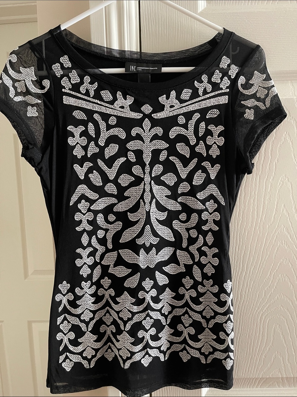 Women's Black Mesh Top with White Embroidered Motif